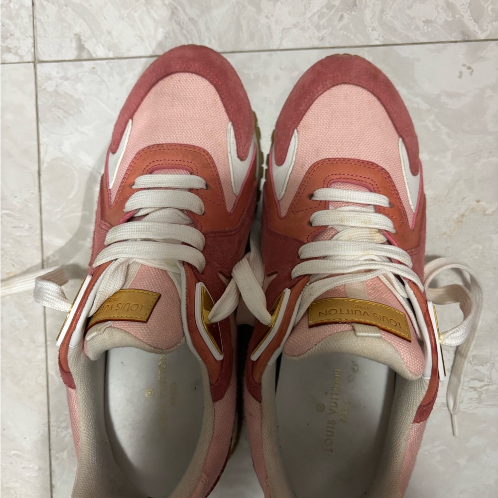 Louis Vuitton Pink & White Suede Mesh Women's Sneaker with Gold Accents - Picture 5 of 6